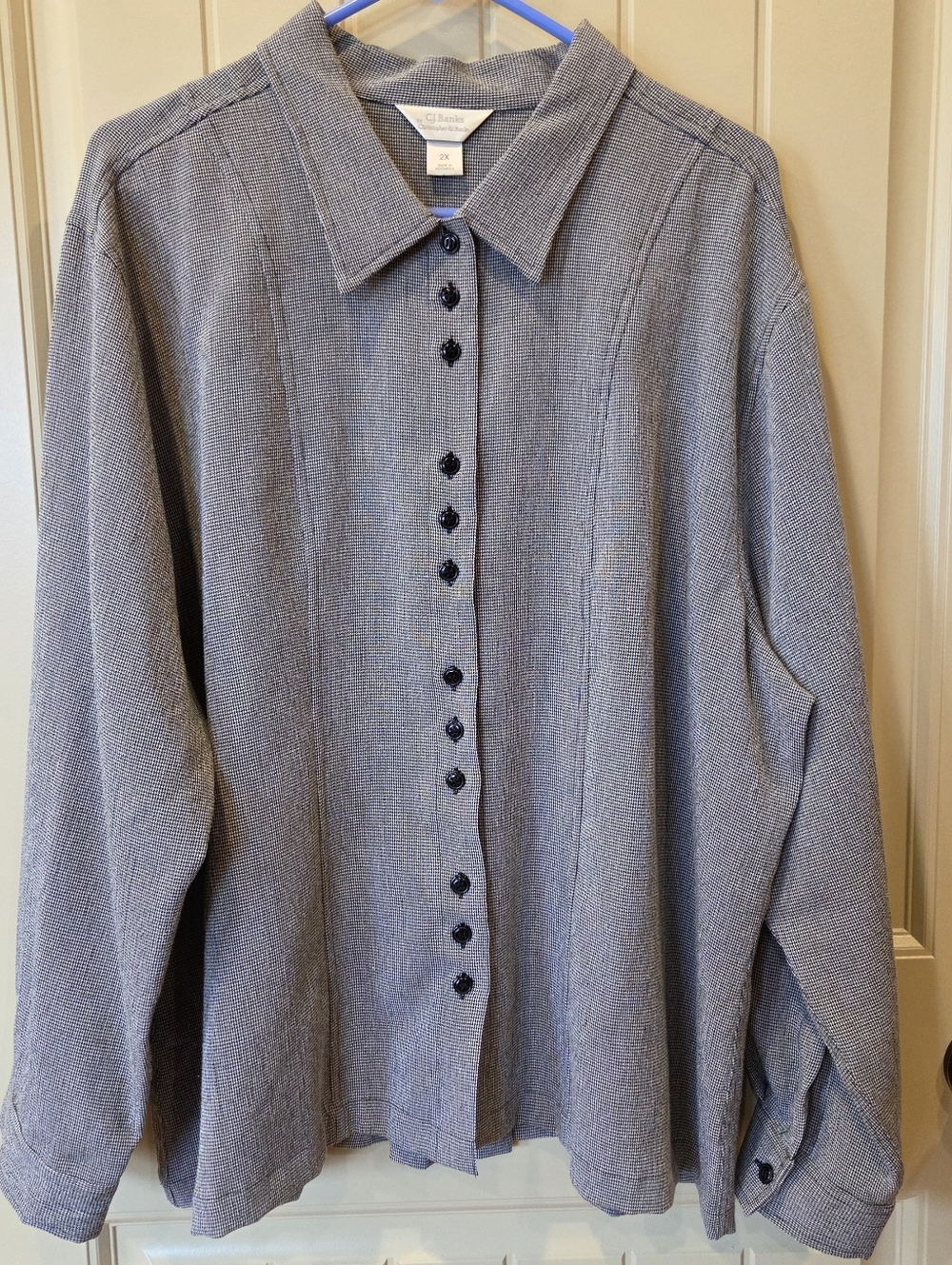 ​CJ Banks Houndstooth Button Down Shirt 2X Pleated Back Black White